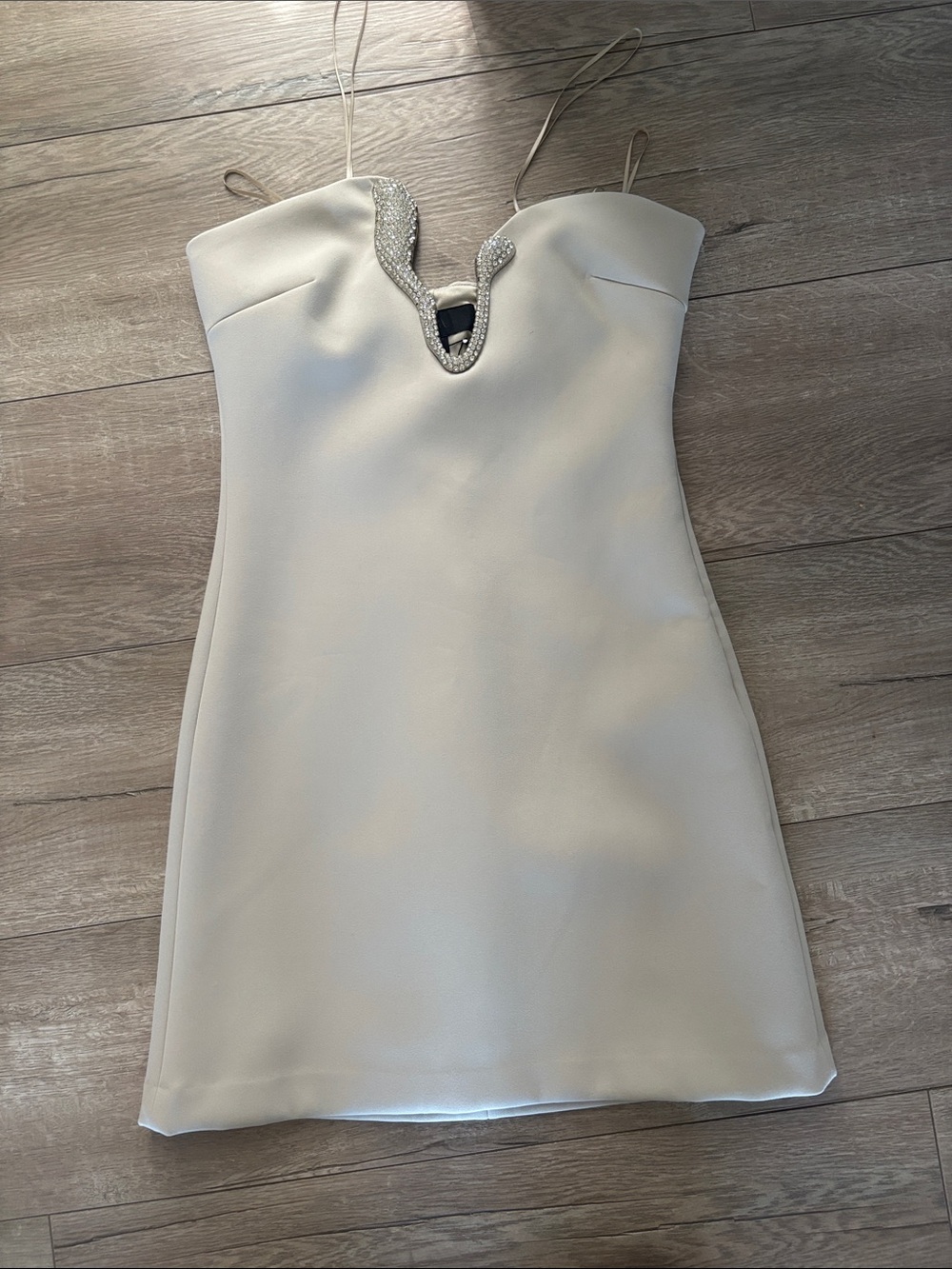 Zara Cream Spaghetti-Strap Mini Dress with Beaded V-Notch